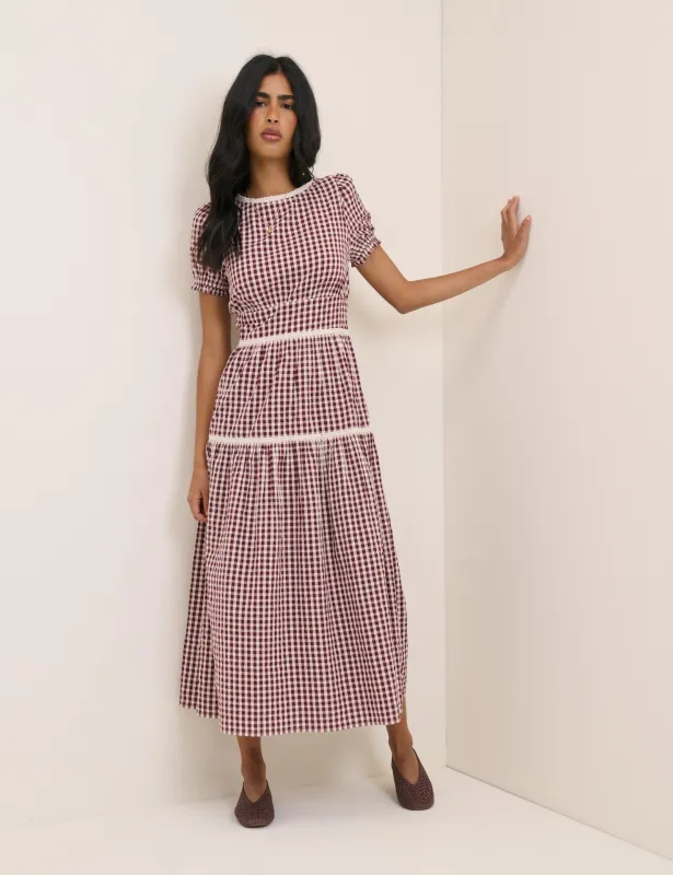 Burgundy Gingham Lace Trim Dara Midi Dress made by Nobody's Child