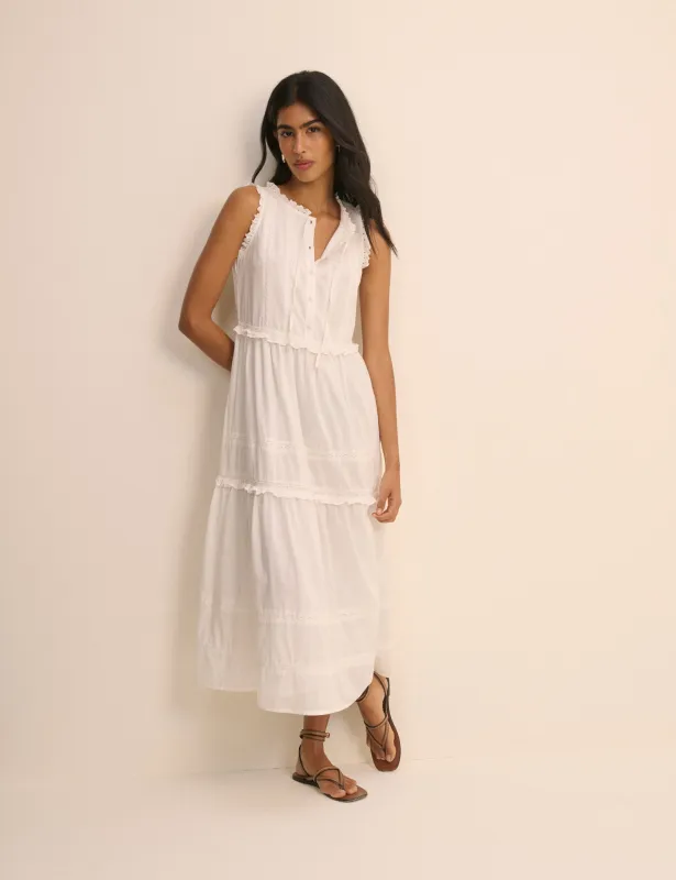 White Ruffle Trim Tiered Penelope Midi Dress made by Nobody's Child