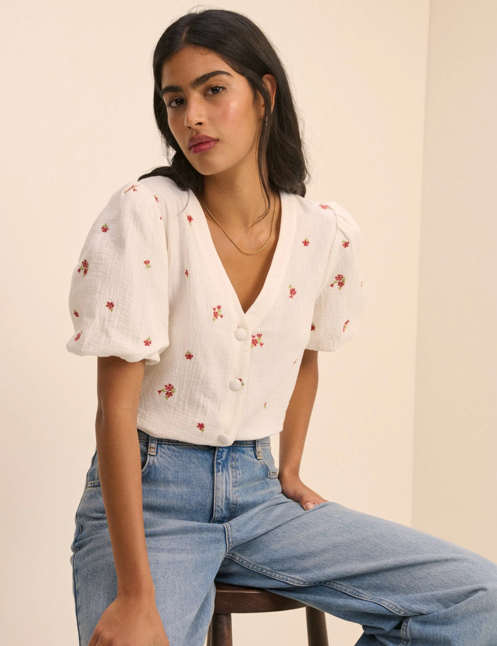 Cream and Red Floral Puff Sleeve Top sold by Nobody's Child product image thumbnail 5