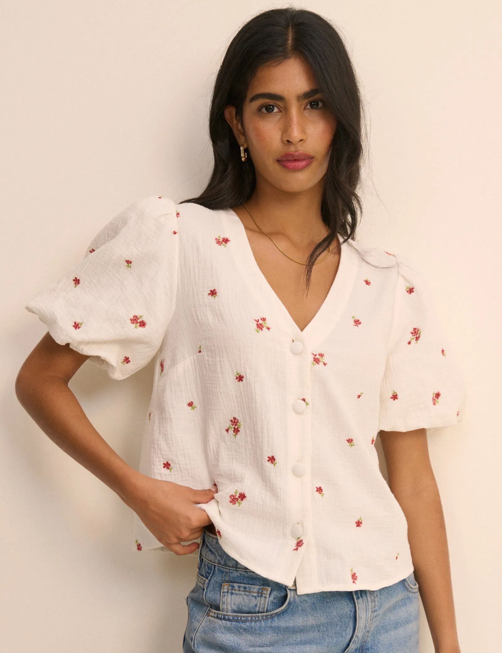 Cream and Red Floral Puff Sleeve Top sold by Nobody's Child