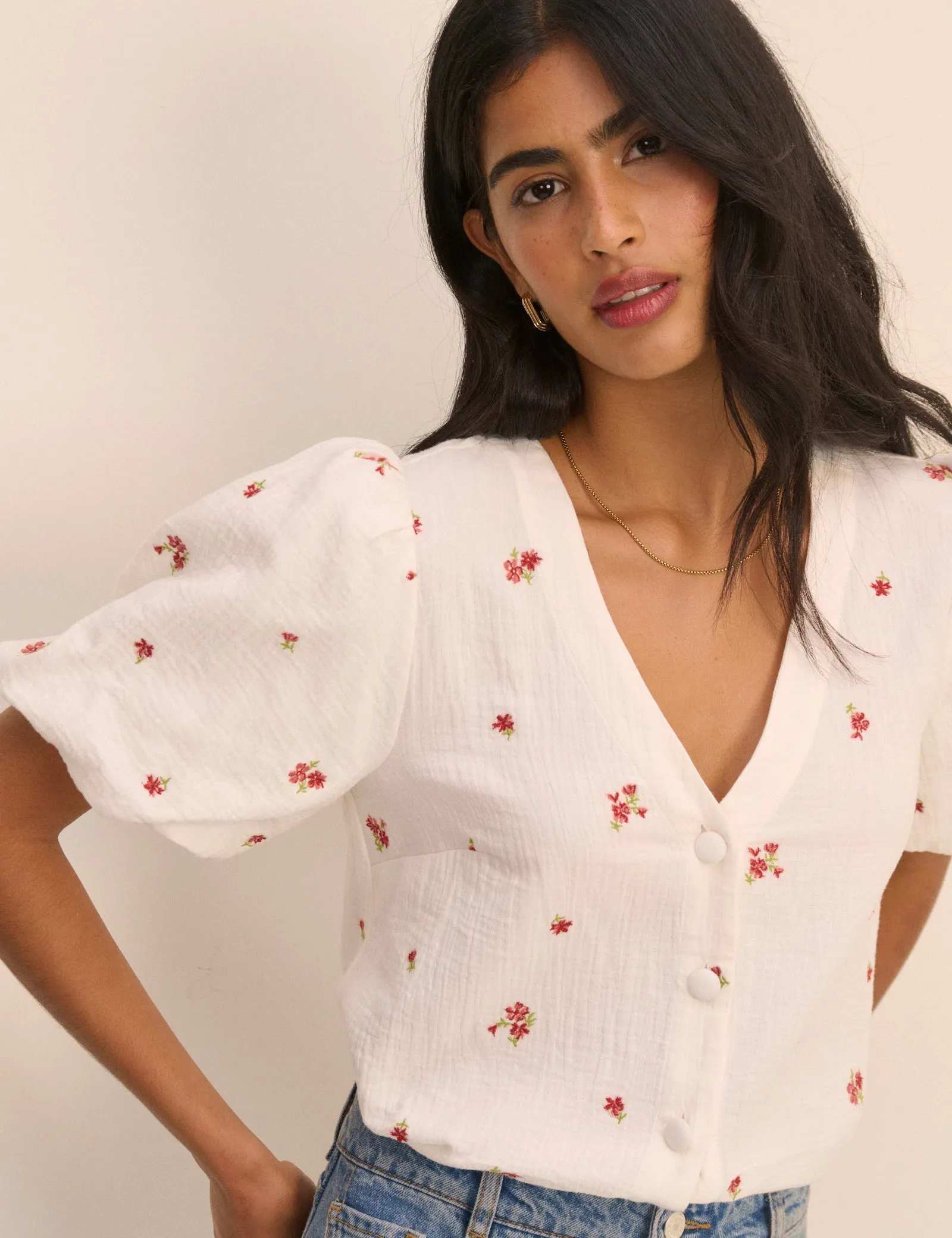 Cream and Red Floral Puff Sleeve Top sold by Nobody's Child product image thumbnail 3