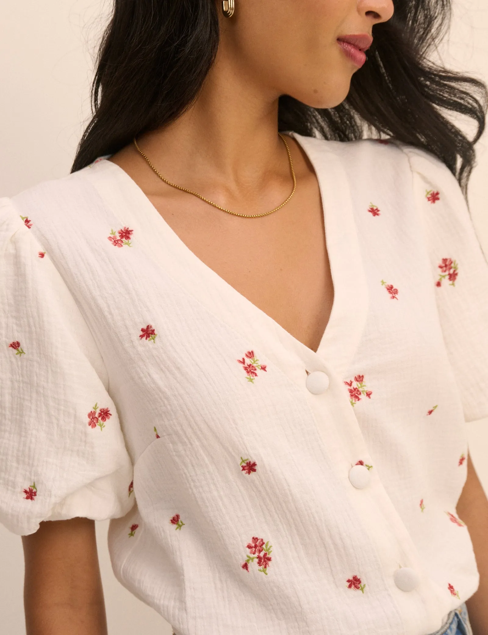 Cream and Red Floral Puff Sleeve Top sold by Nobody's Child product image thumbnail 2