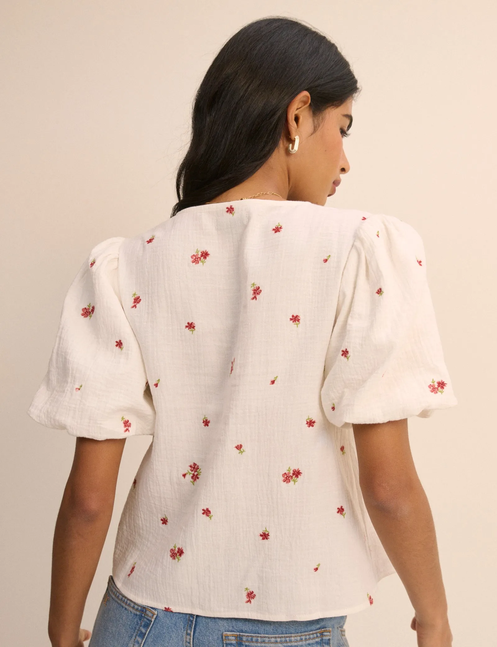 Cream and Red Floral Puff Sleeve Top sold by Nobody's Child product image thumbnail 4