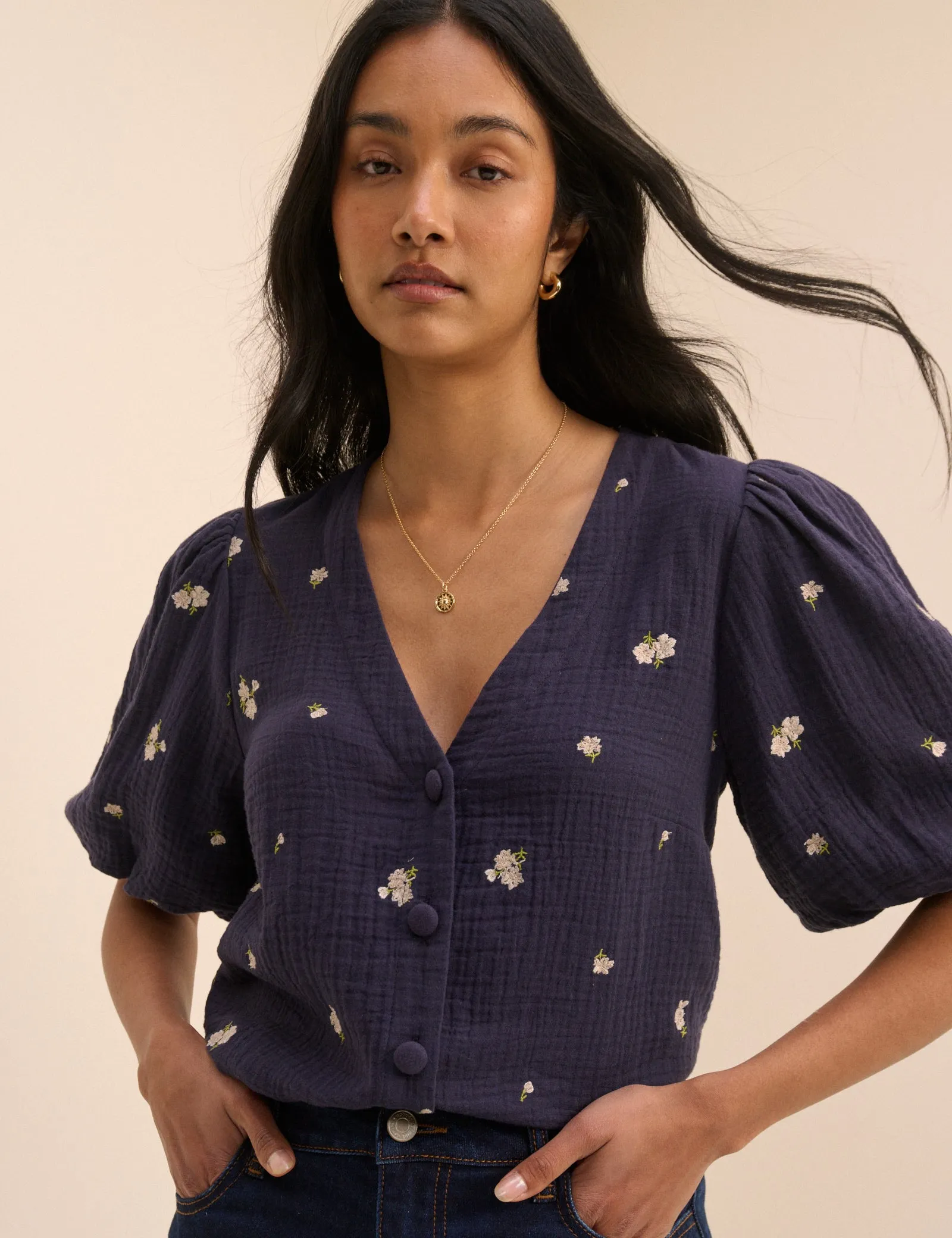 Navy Floral Embroidered Puff Sleeve Top sold by Nobody's Child product image thumbnail 2