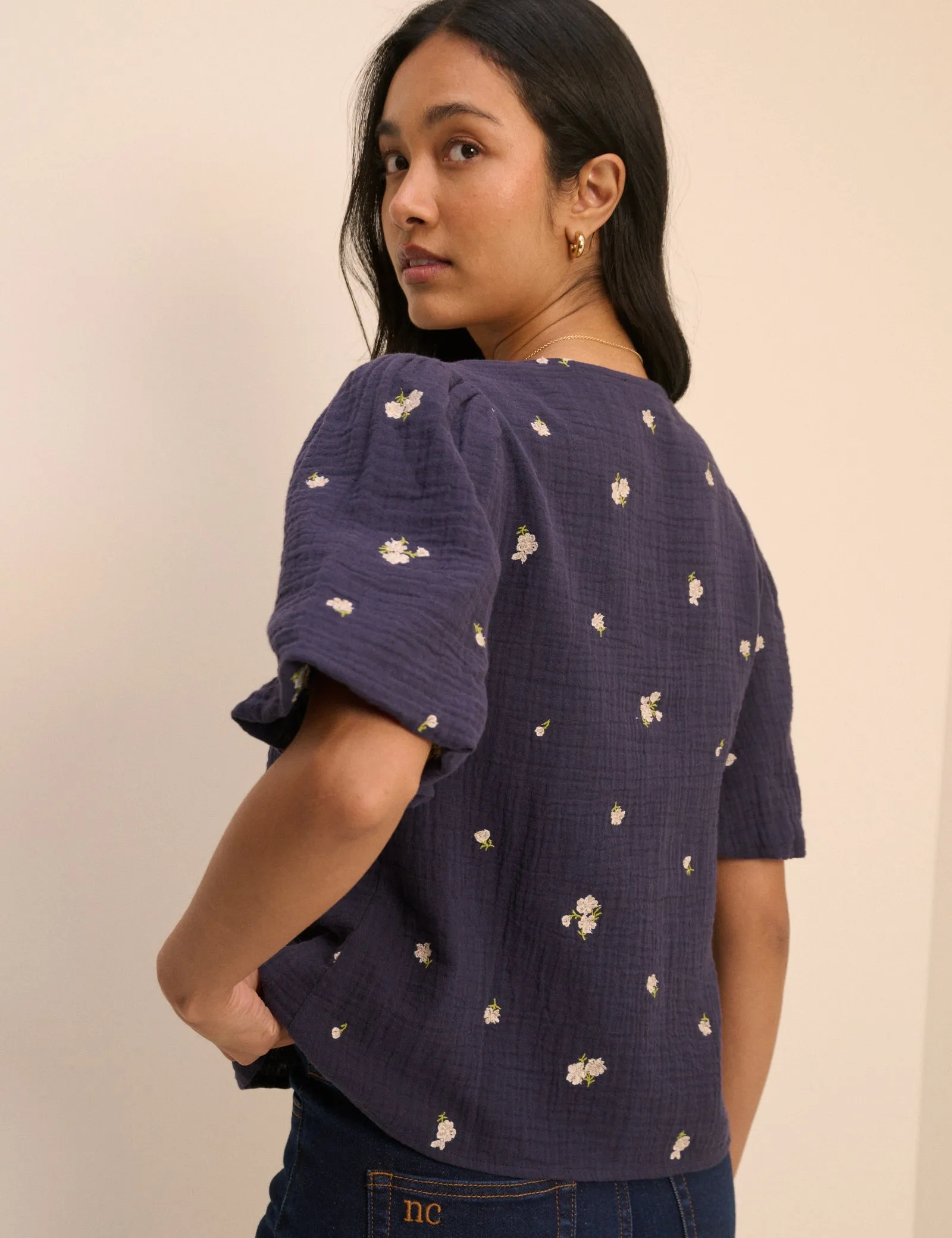 Navy Floral Embroidered Puff Sleeve Top sold by Nobody's Child product image thumbnail 5