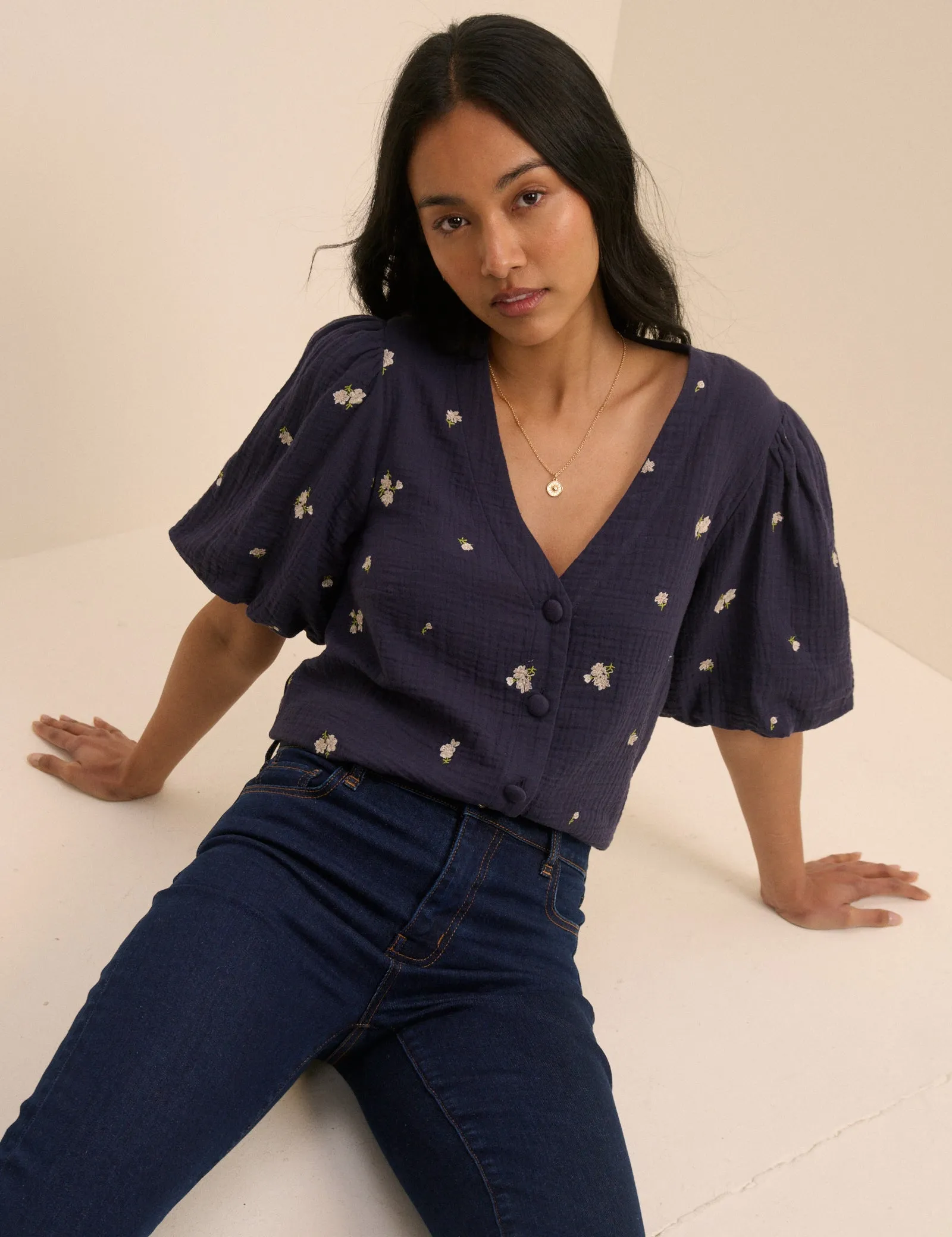 Navy Floral Embroidered Puff Sleeve Top sold by Nobody's Child product image thumbnail 4