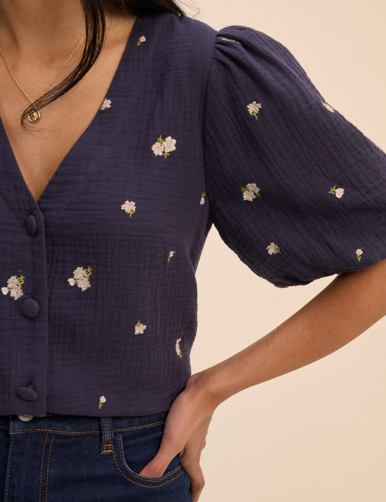 Navy Floral Embroidered Puff Sleeve Top sold by Nobody's Child product image thumbnail 3