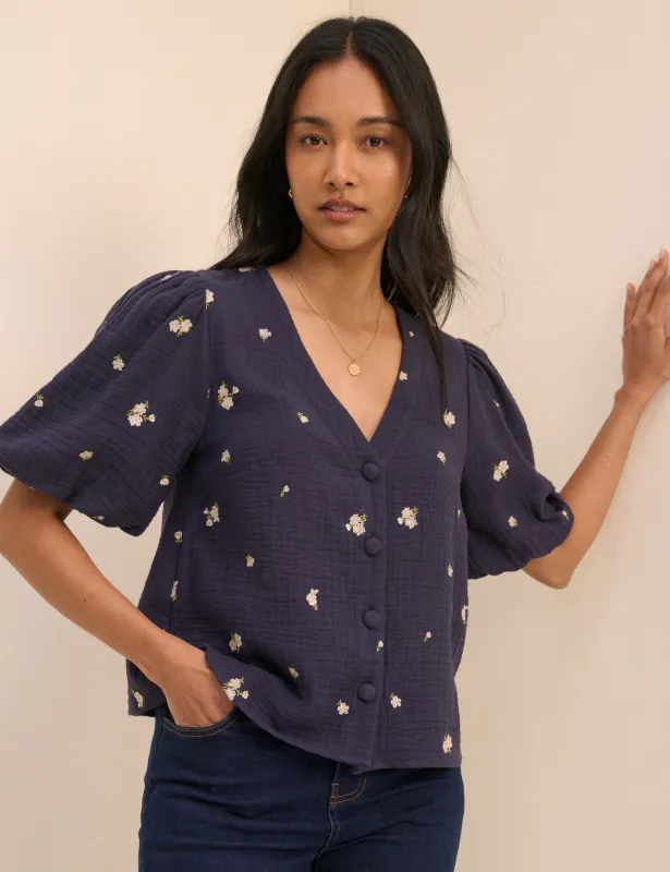 Navy Floral Embroidered Puff Sleeve Top made by Nobody's Child