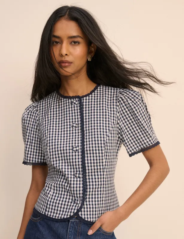 Navy Gingham Puff Sleeve Top made by Nobody's Child