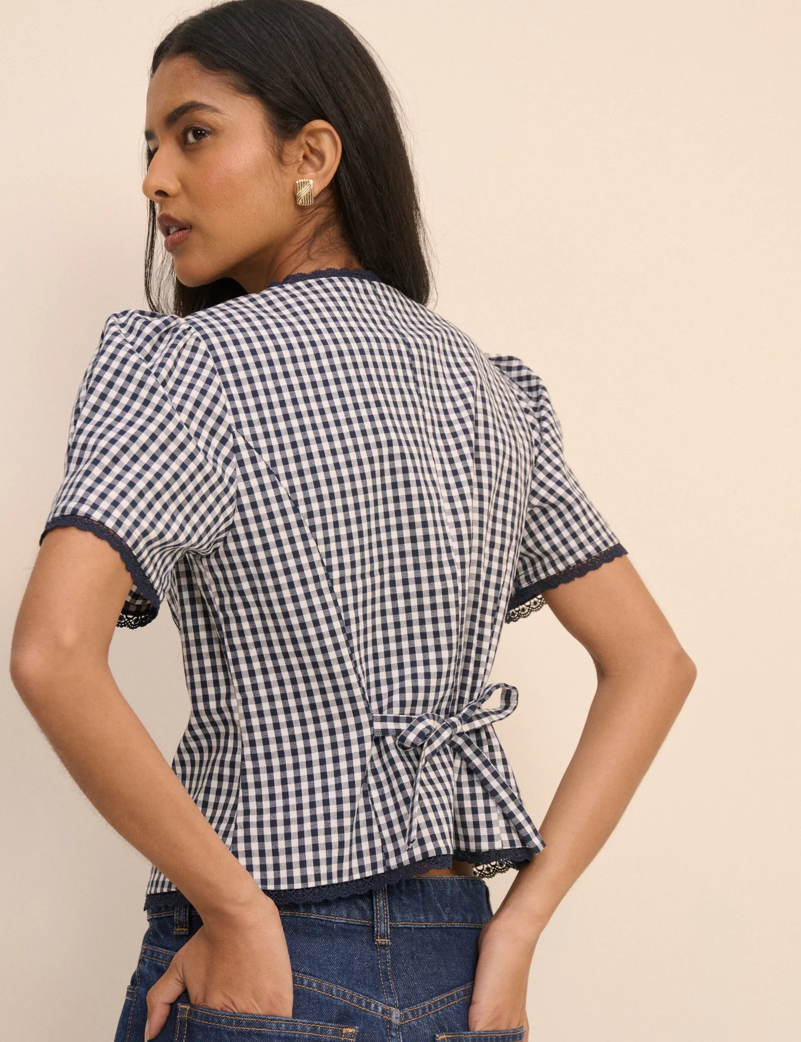 Navy Gingham Puff Sleeve Top sold by Nobody's Child product image thumbnail 5