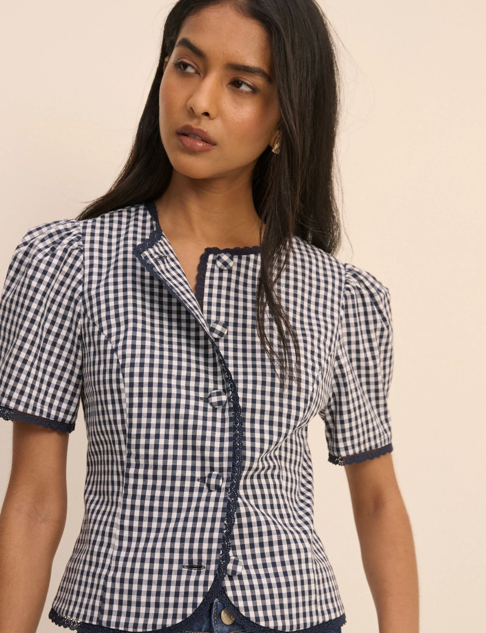 Navy Gingham Puff Sleeve Top sold by Nobody's Child product image thumbnail 4