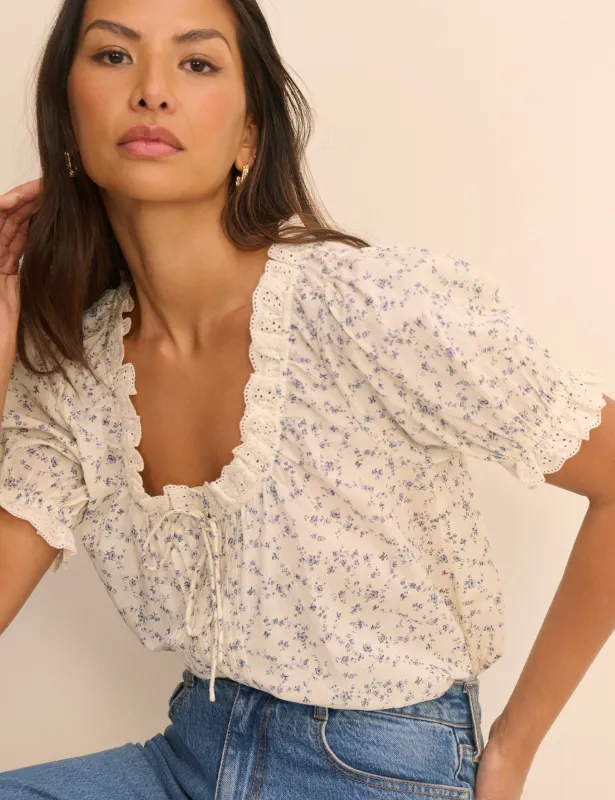 Ivory and Blue Ditsy Floral Puff Sleeve Lumi Blouse made by Nobody's Child
