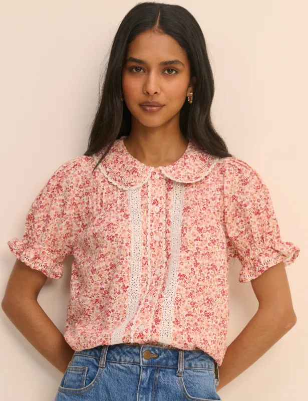 Pink Floral Broderie Anglaise Peter Pan Collar Blouse made by Nobody's Child