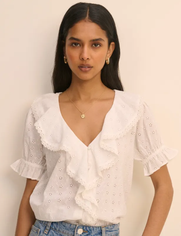 White Floral Broderie Ruffle Trim Top made by Nobody's Child