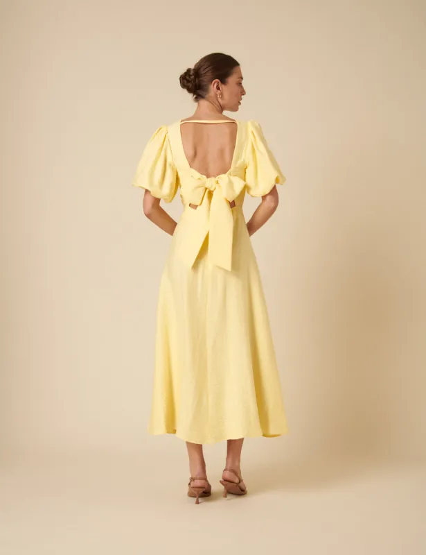 Butter Yellow Puff Sleeve Zola Midi Dress made by Nobody's Child