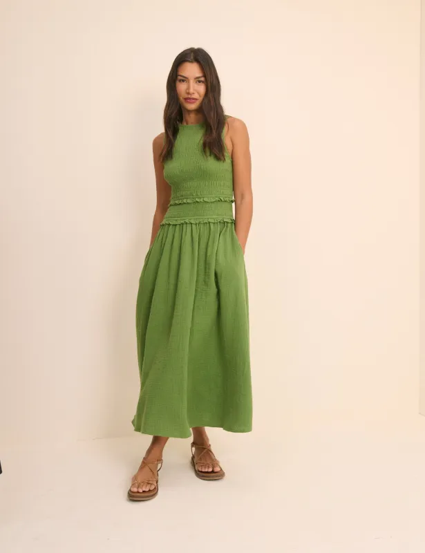 Green Shirred Bodice Ingrid Midi Dress made by Nobody's Child