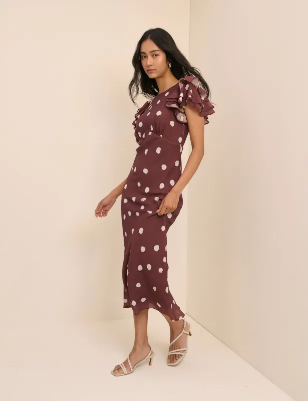 Brown Polka Dot Frill Sleeve Lola Midi Dress made by Nobody's Child