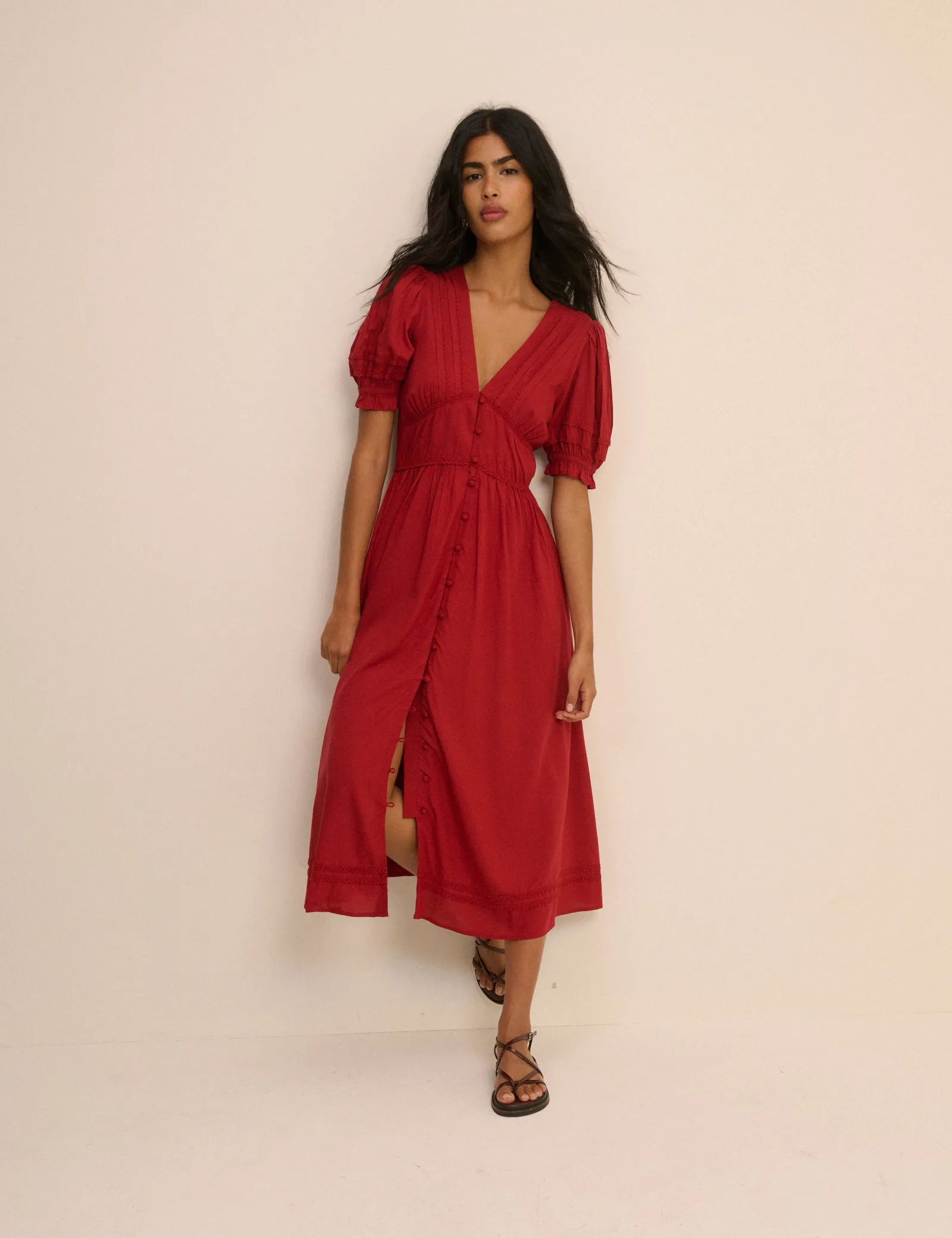Red Button Front Frances Midi Dress sold by Nobody's Child