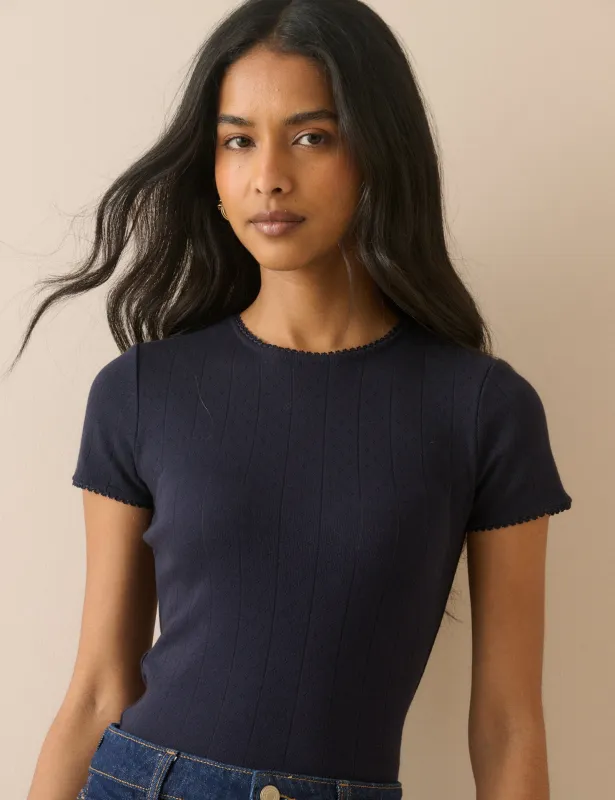 Navy Pointelle Lace Trim T-Shirt made by Nobody's Child
