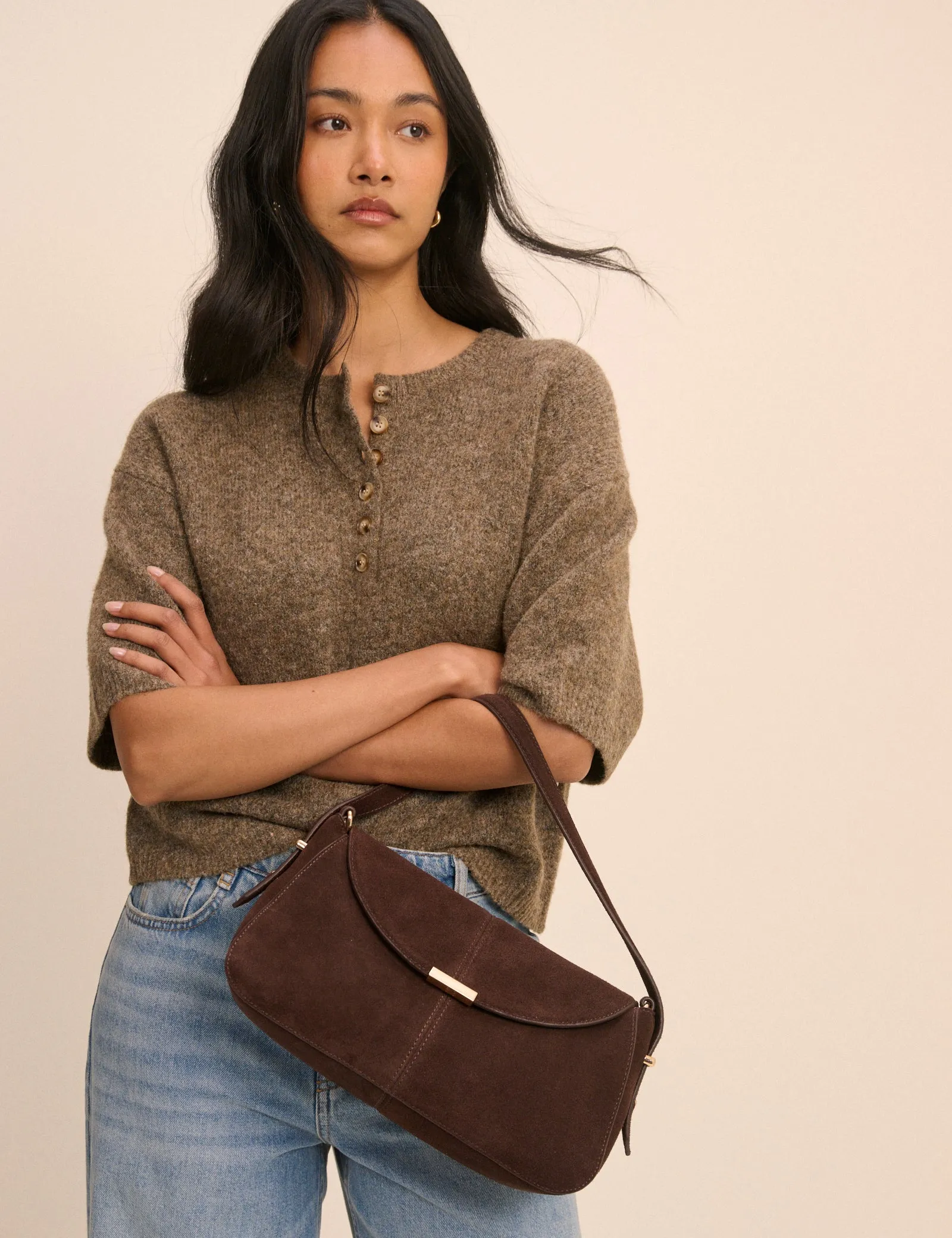 Chocolate Brown Suede Foldover Bag sold by Nobody's Child product image thumbnail 4