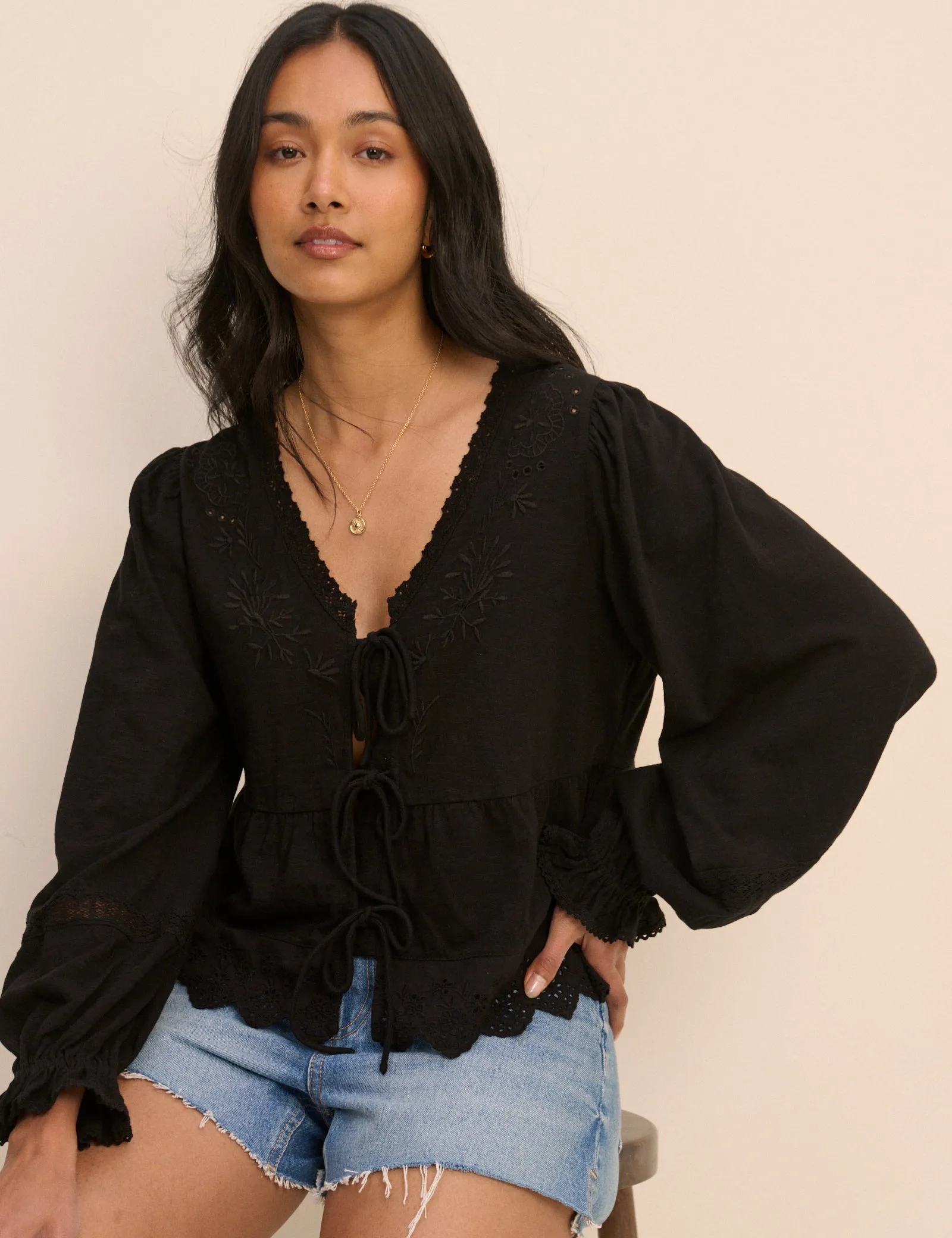 Black Embroidered Tie Front Blouse sold by Nobody's Child