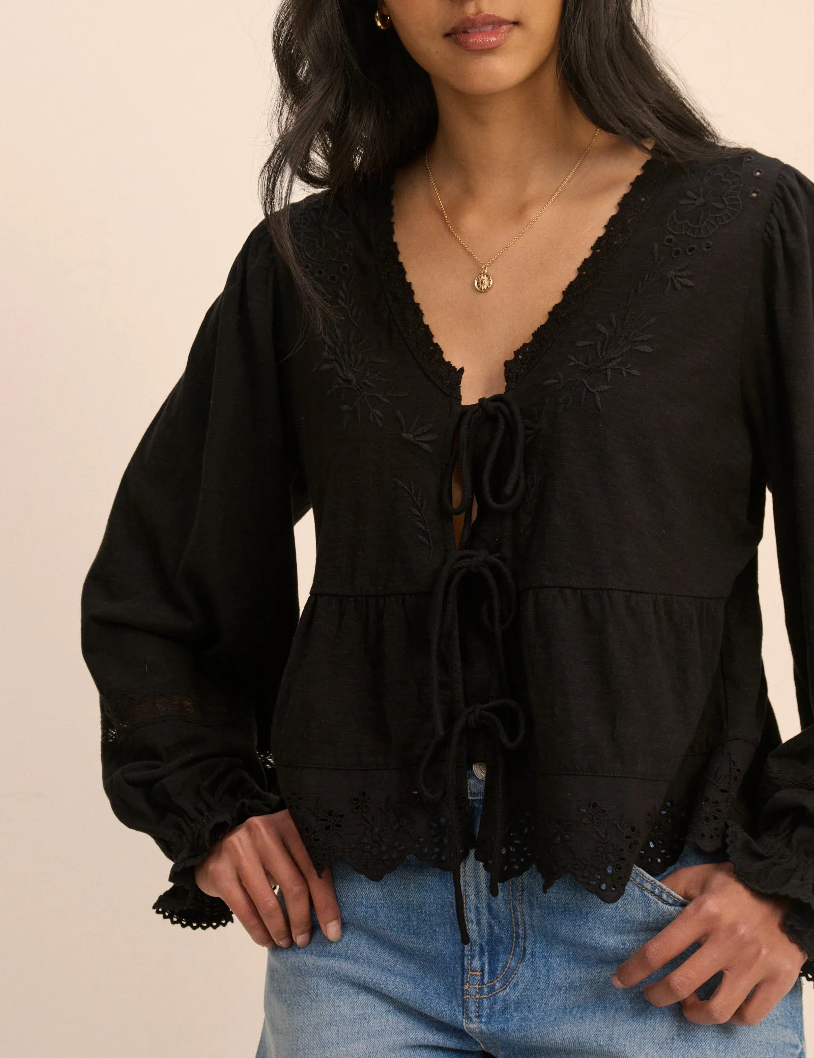 Black Embroidered Tie Front Blouse sold by Nobody's Child product image thumbnail 2