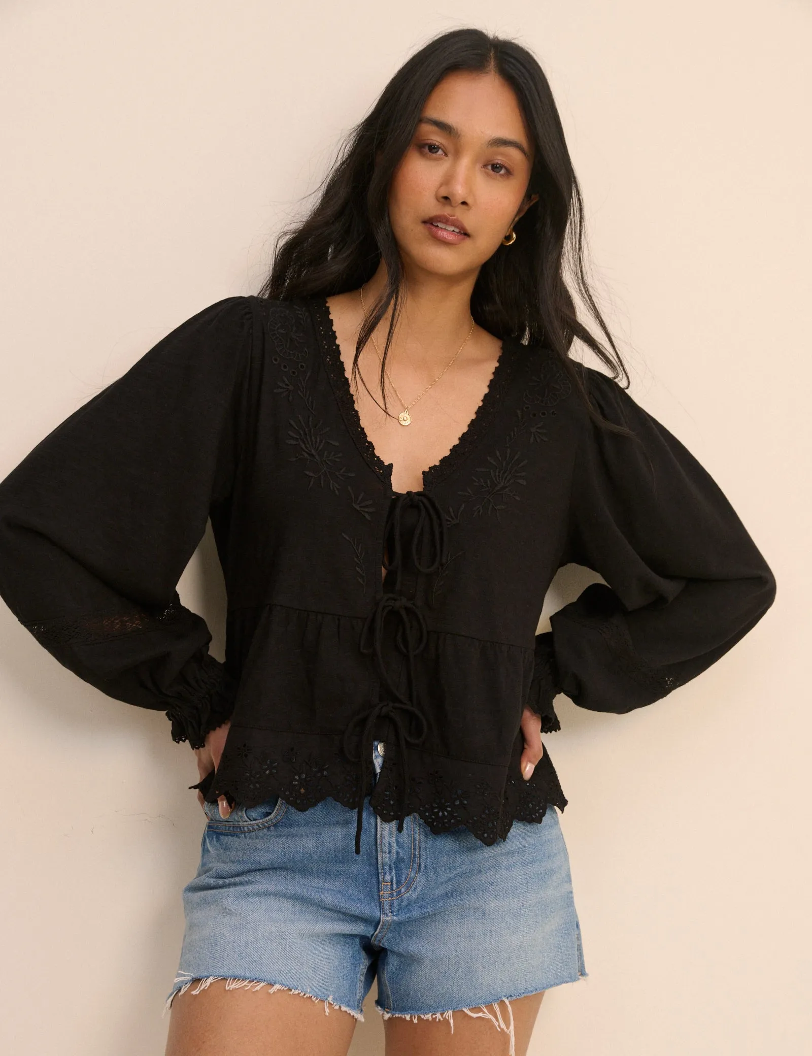 Black Embroidered Tie Front Blouse sold by Nobody's Child product image thumbnail 4