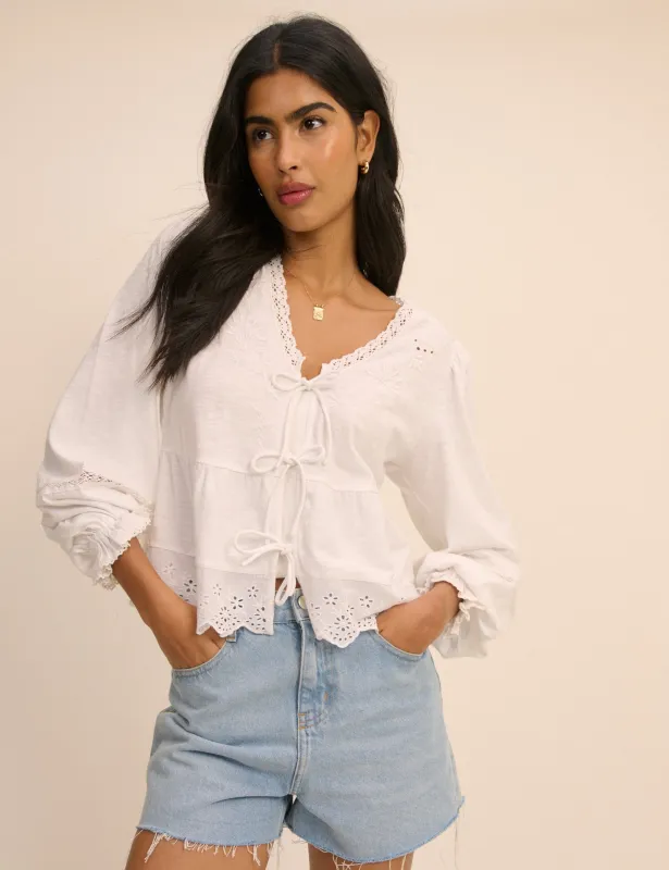 White Embroidered Tie Front Blouse made by Nobody's Child