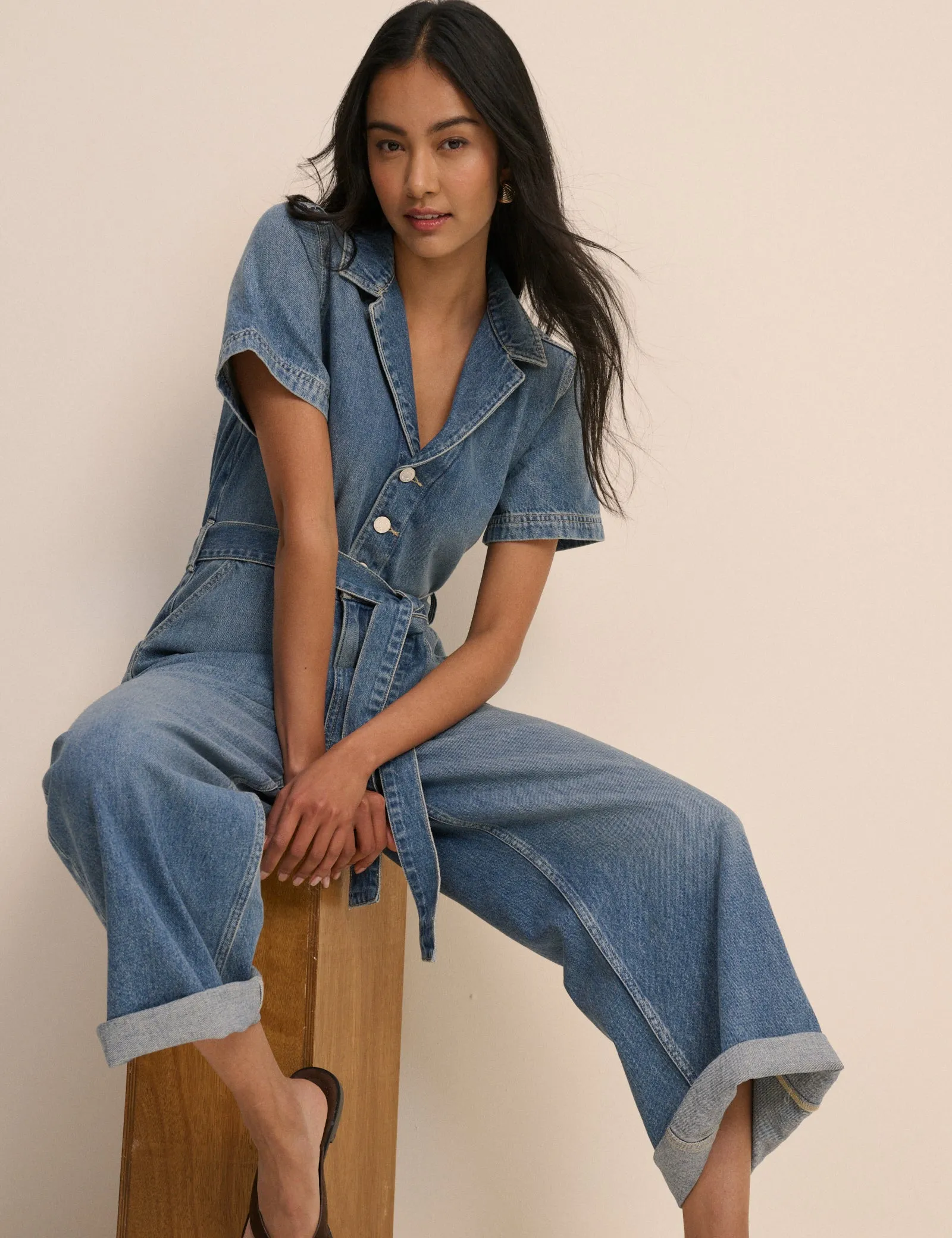 Mid Wash Denim Tie Waist Mylos Jumpsuit sold by Nobody's Child product image thumbnail 4