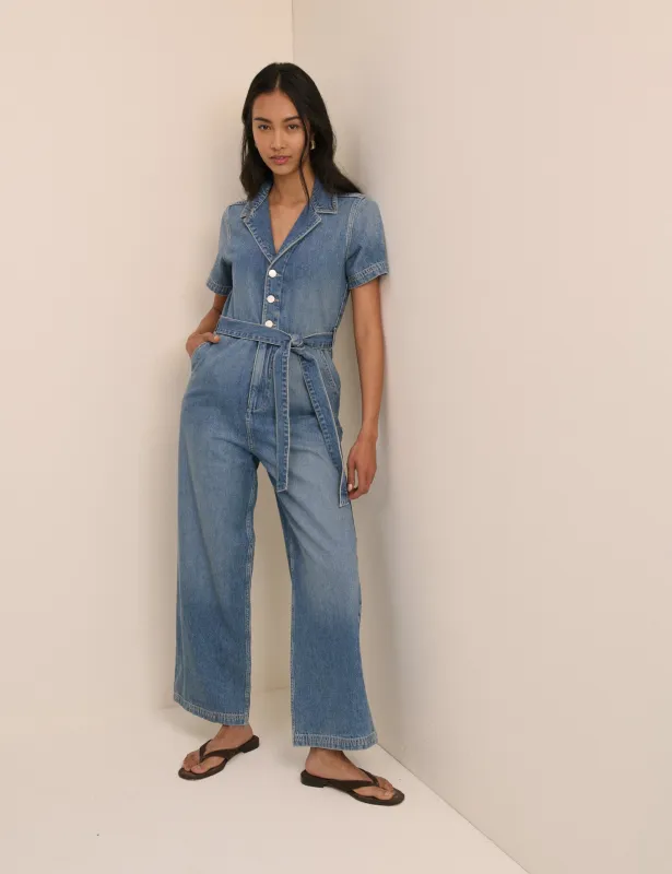 Mid Wash Denim Tie Waist Mylos Jumpsuit made by Nobody's Child