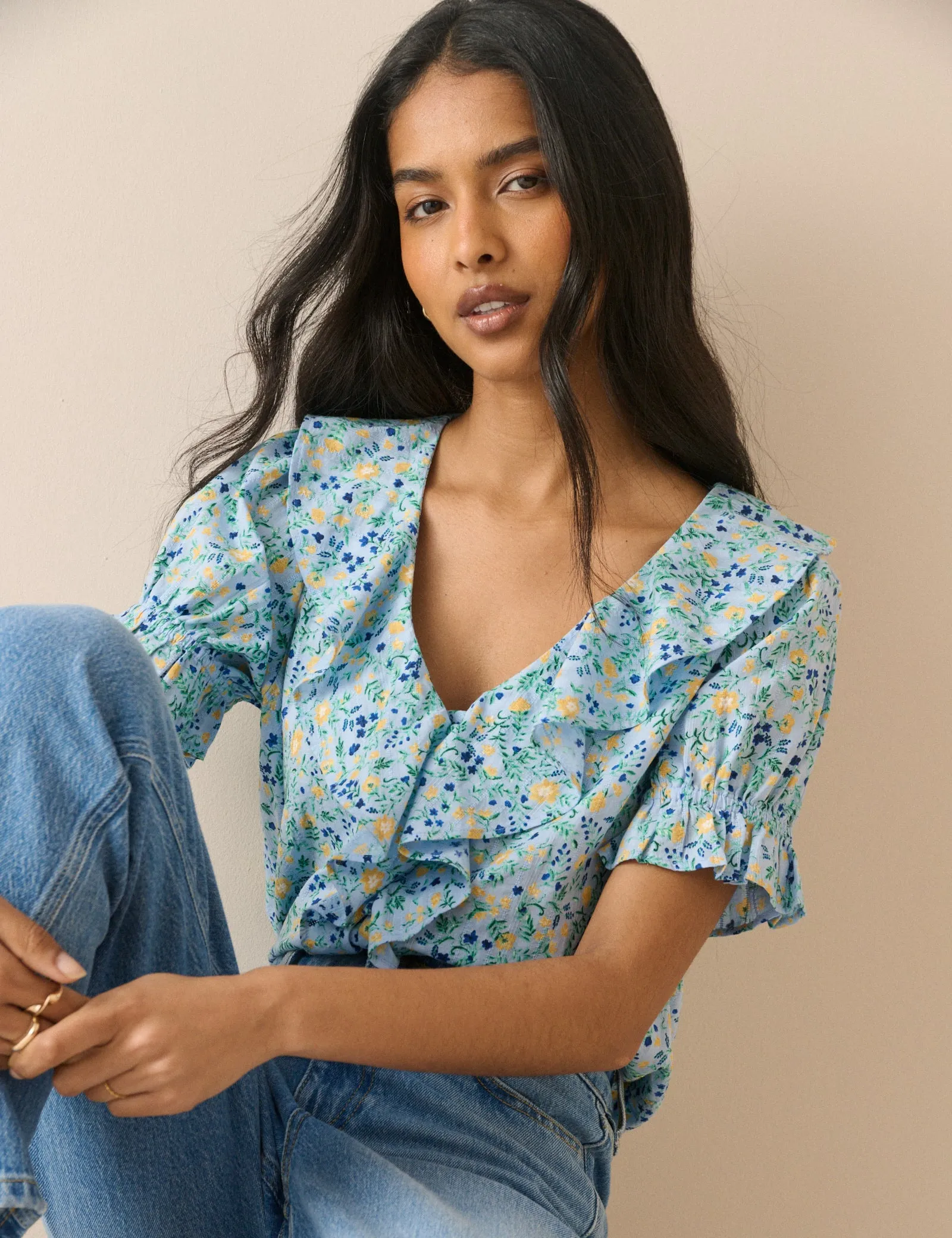 Blue Floral Ruffle Trim Top sold by Nobody's Child product image thumbnail 4