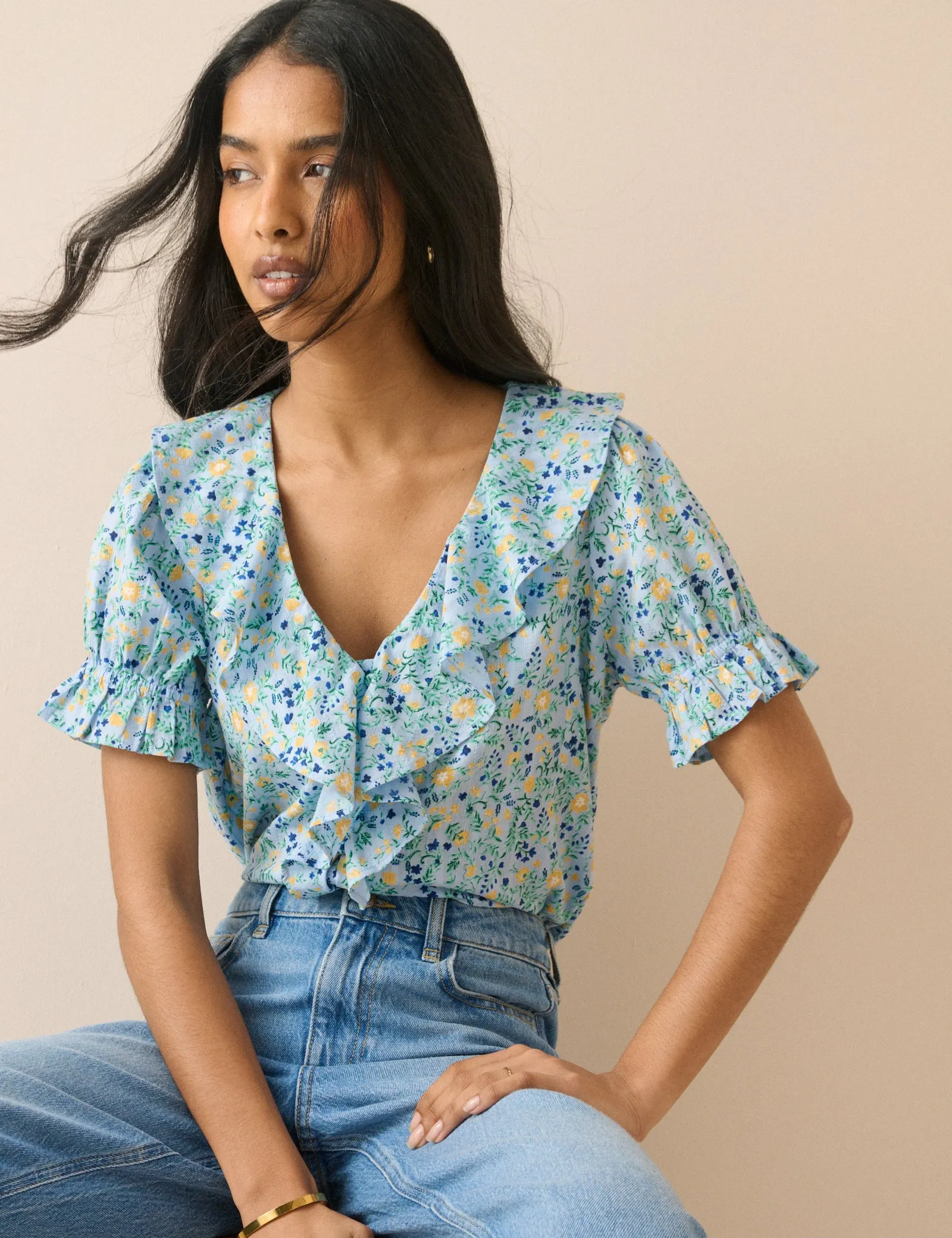 Blue Floral Ruffle Trim Top sold by Nobody's Child product image thumbnail 2