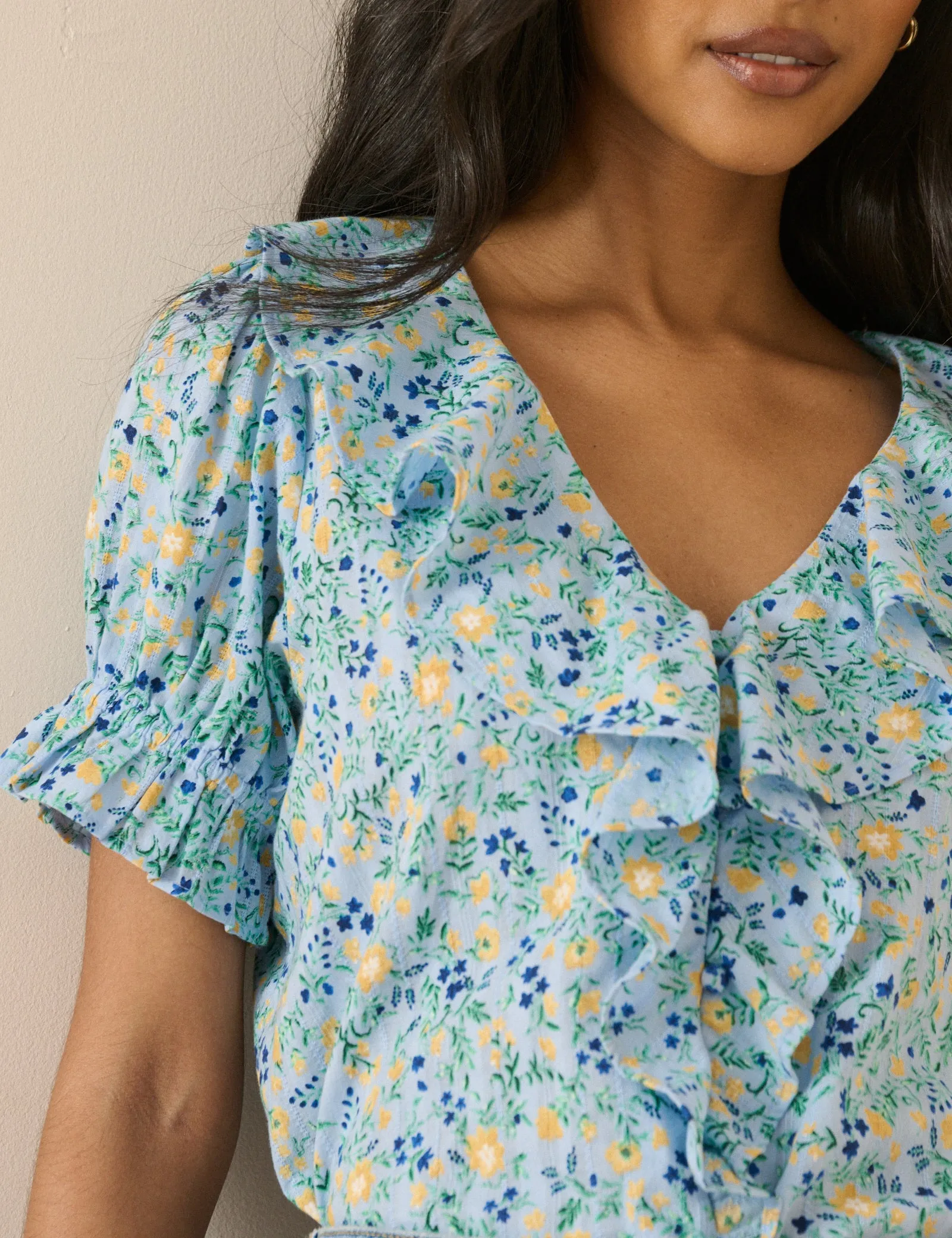 Blue Floral Ruffle Trim Top sold by Nobody's Child product image thumbnail 3