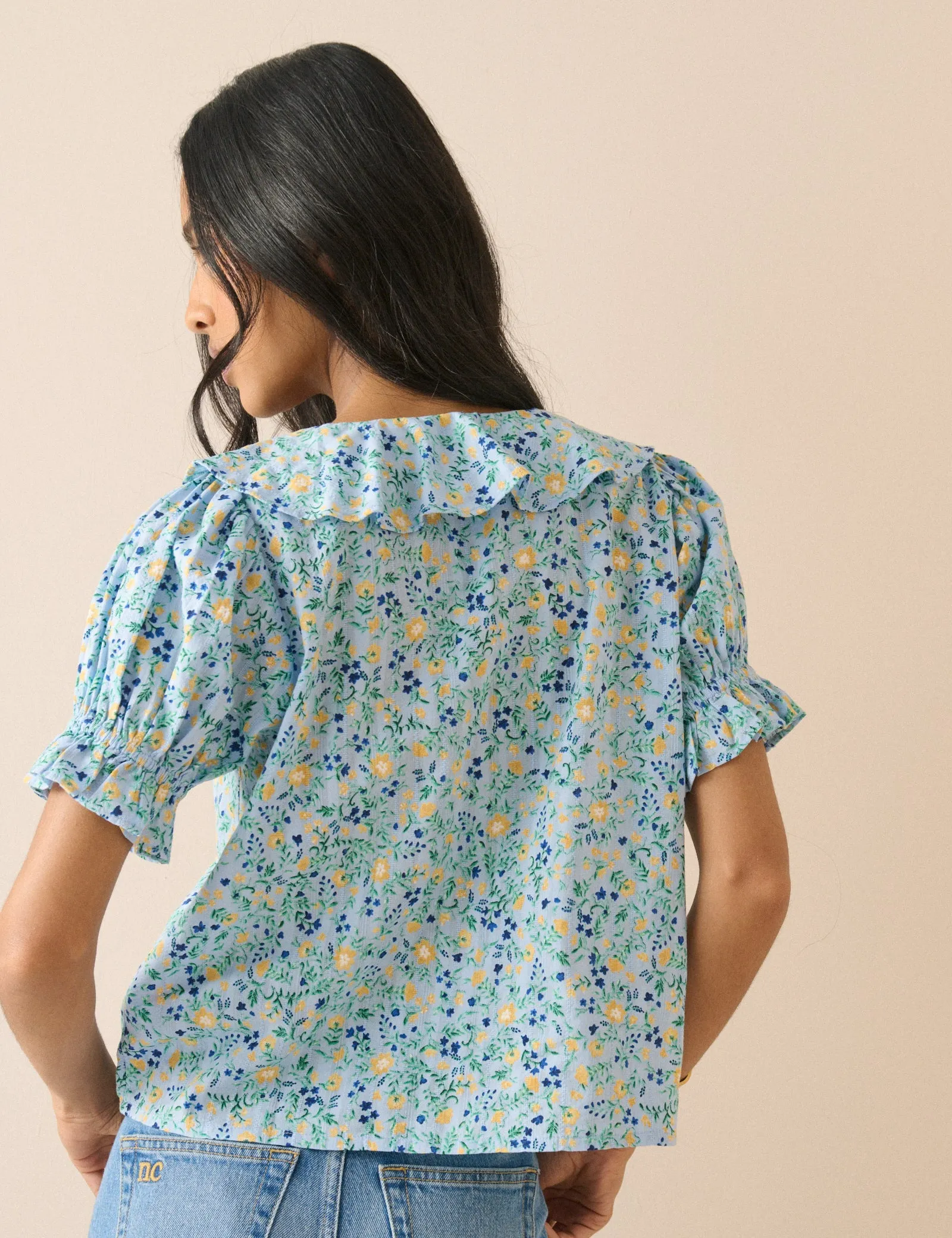 Blue Floral Ruffle Trim Top sold by Nobody's Child product image thumbnail 5
