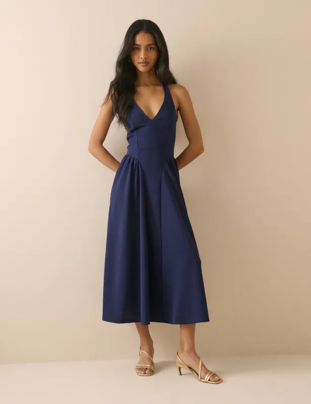 Navy Halterneck Amie Midi Dress made by Nobody's Child