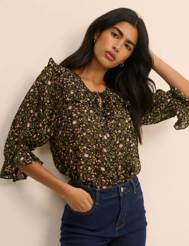 Black Floral Short Sleeve Blouse made by Nobody's Child