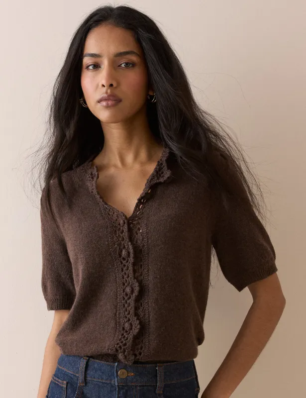 Chocolate Brown Wool-Blend Crochet Trim Cardigan made by Nobody's Child