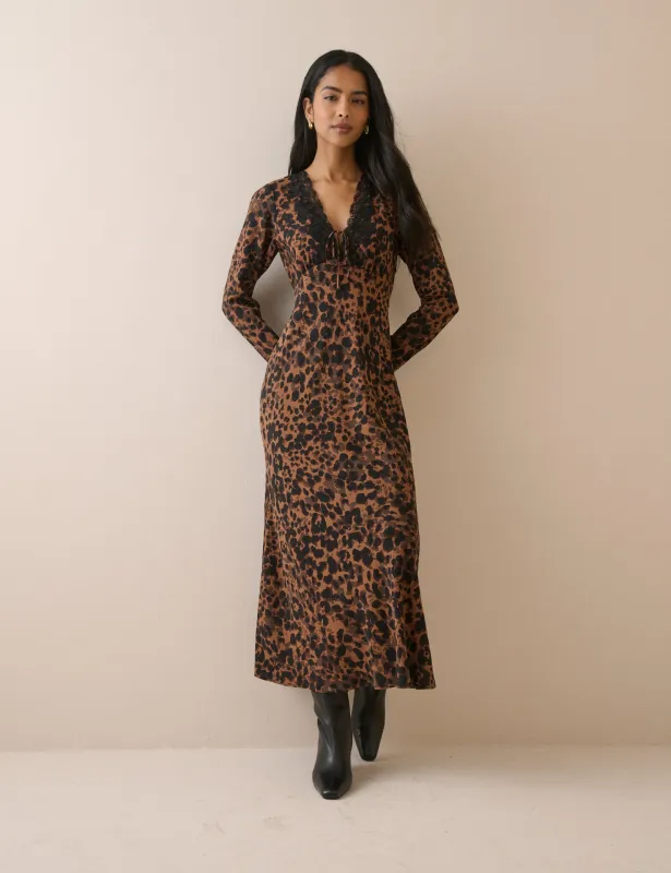 Leopard Print Lace Trim Long Sleeve Aida Midi Dress made by Nobody's Child