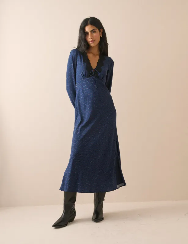 Navy Polka Dot Lace Trim Long Sleeve Aida Midi Dress made by Nobody's Child
