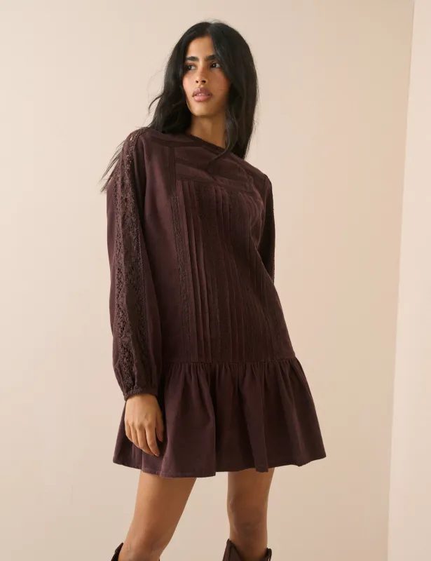 Brown Long Sleeve Cord Denise Mini Dress made by Nobody's Child