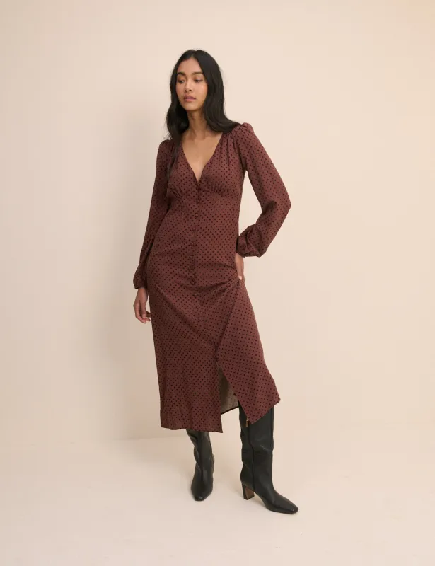 Brown Polka Dot Kennedy Midi Dress made by Nobody's Child