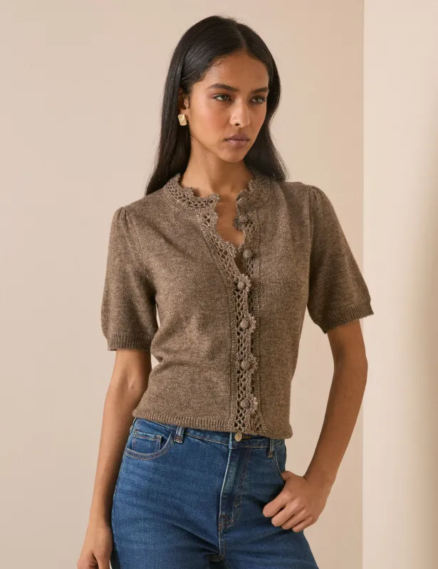 Taupe Wool-Blend Crochet Trim Cardigan made by Nobody's Child
