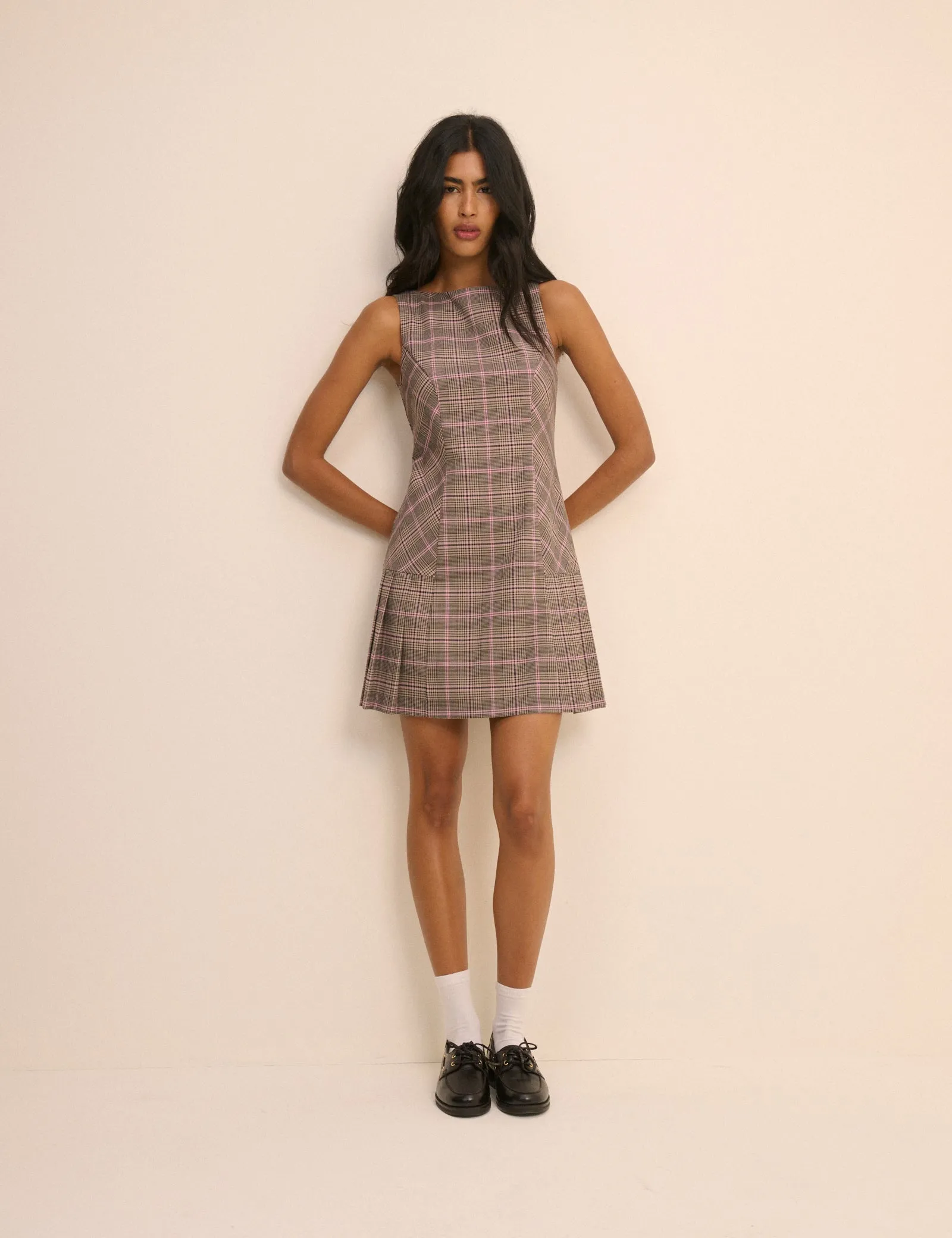 Brown Check Pleated Mary Mini Dress sold by Nobody's Child product image thumbnail 2
