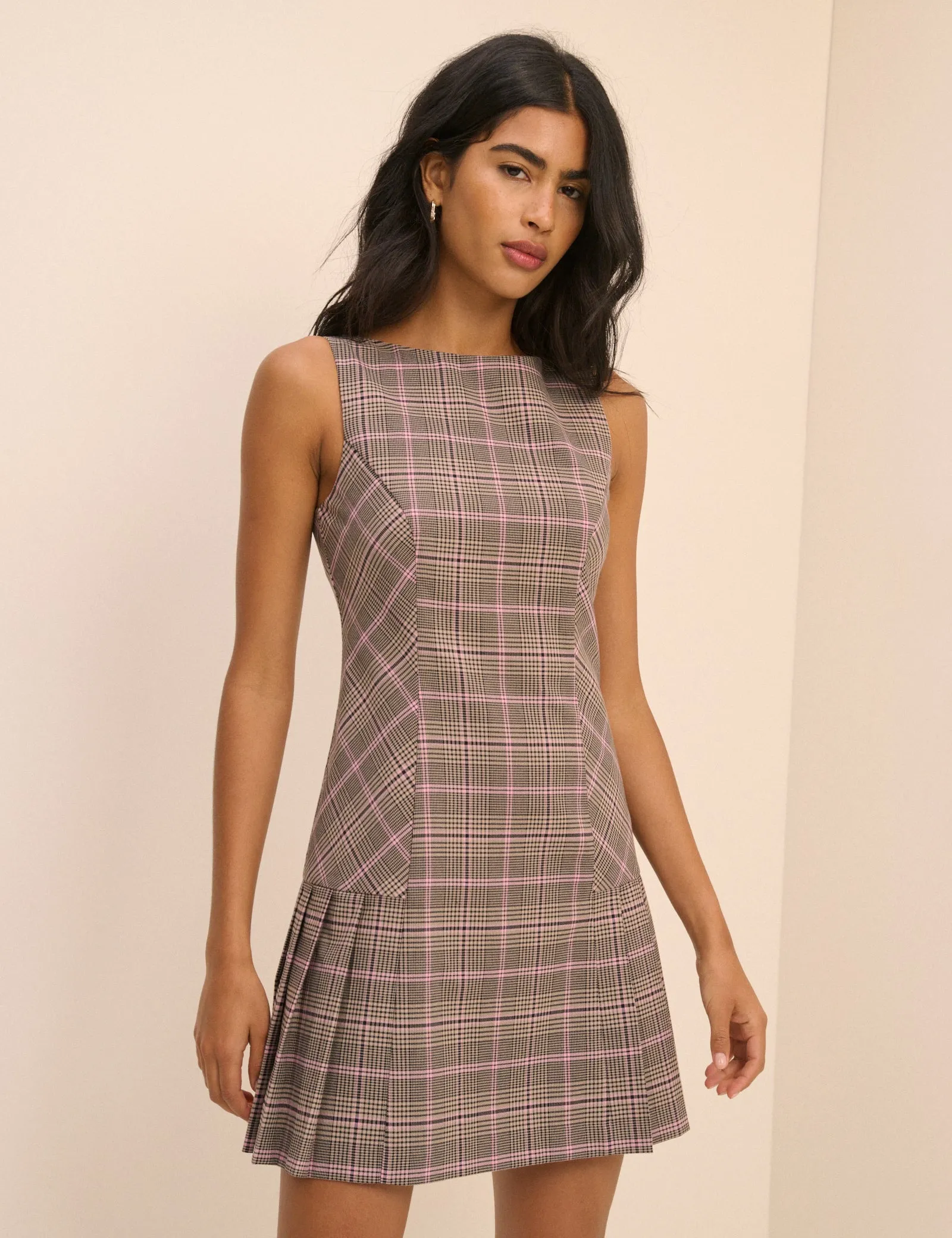 Brown Check Pleated Mary Mini Dress sold by Nobody's Child