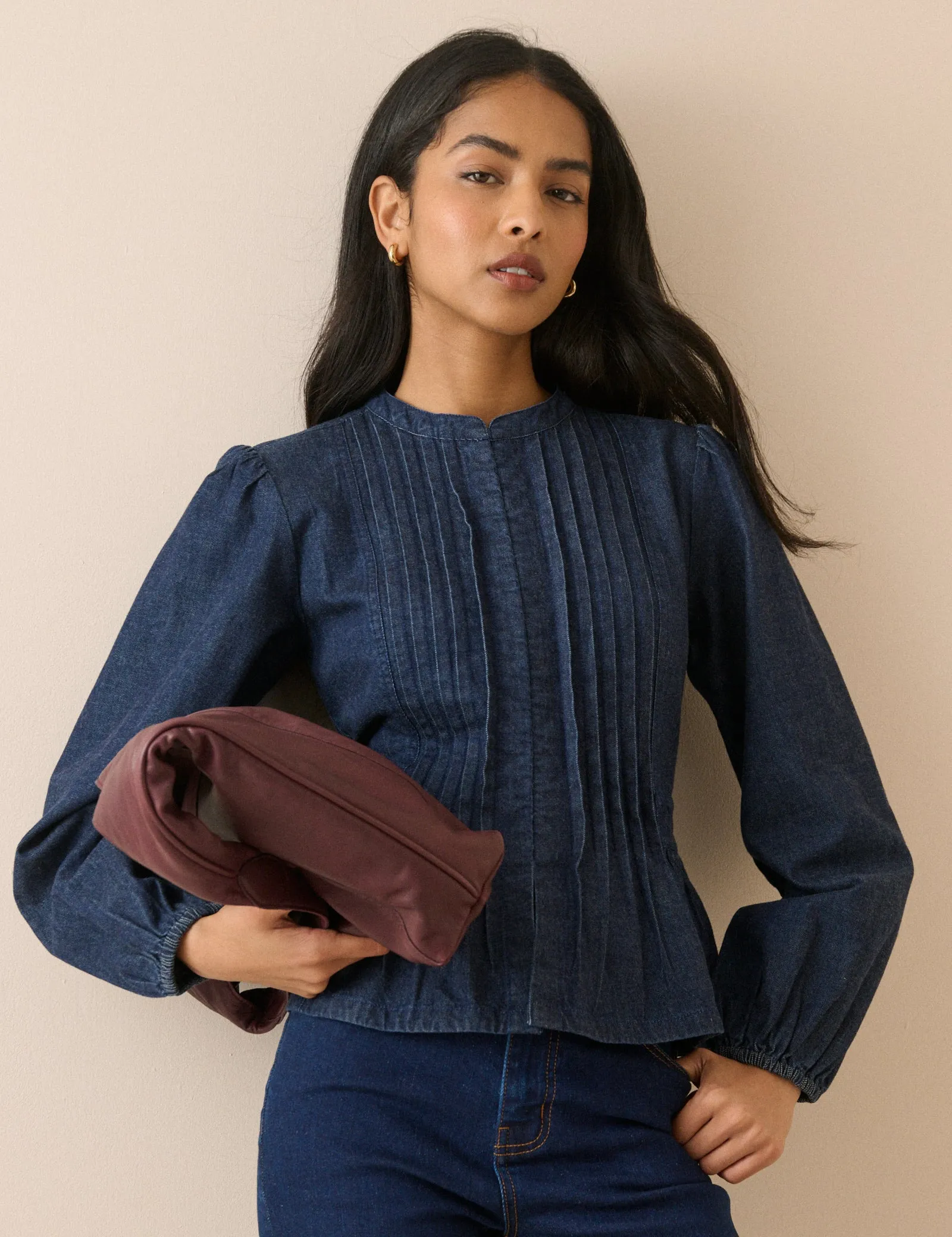 Dark Wash Pintuck Denim Blouse sold by Nobody's Child