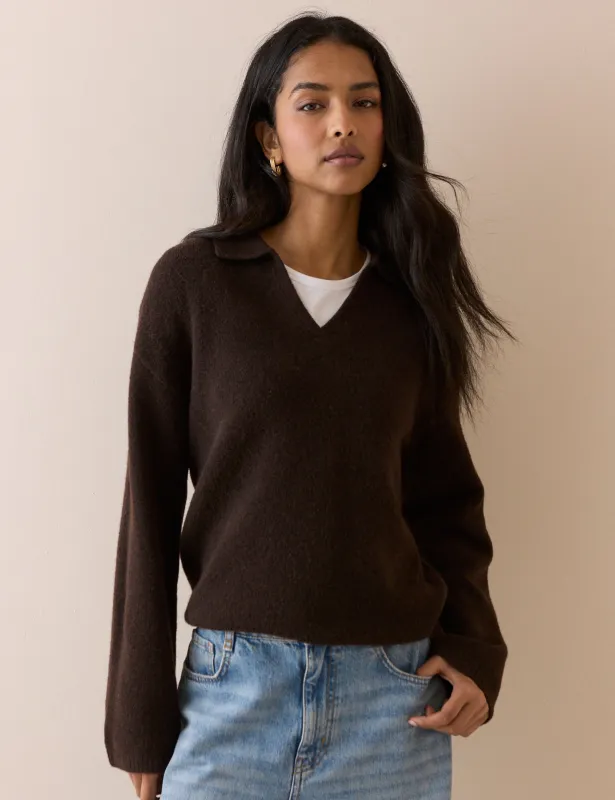 Brown V-neck Collared Jumper made by Nobody's Child