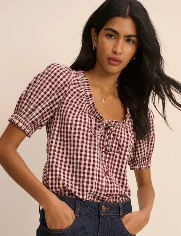 Burgundy Gingham Puff Sleeve Lumi Blouse made by Nobody's Child