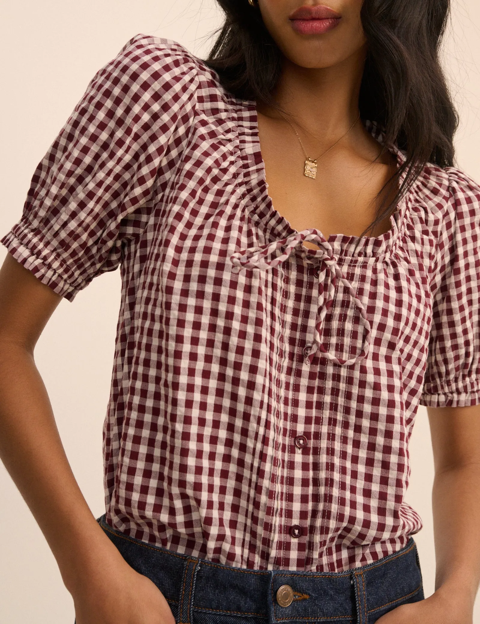 Burgundy Gingham Puff Sleeve Lumi Blouse sold by Nobody's Child product image thumbnail 3