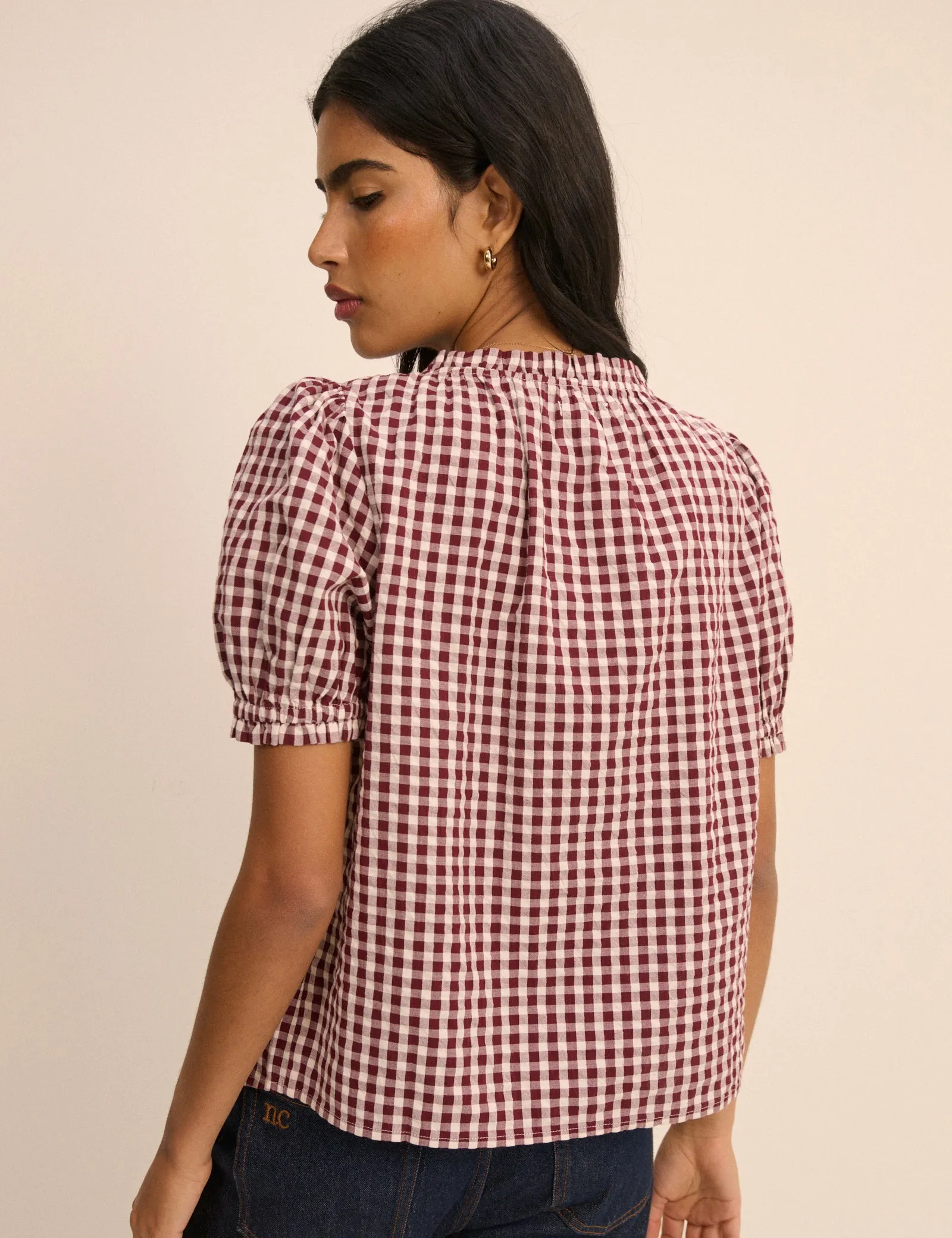 Burgundy Gingham Puff Sleeve Lumi Blouse sold by Nobody's Child product image thumbnail 4