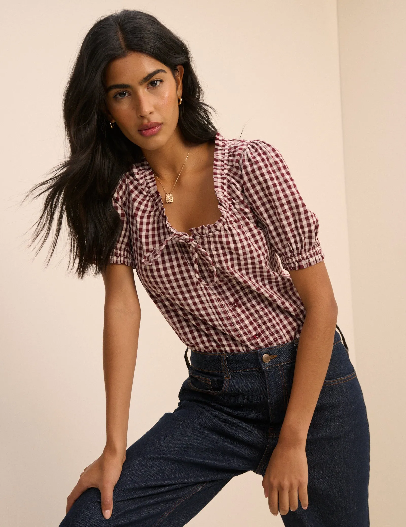 Burgundy Gingham Puff Sleeve Lumi Blouse sold by Nobody's Child product image thumbnail 5